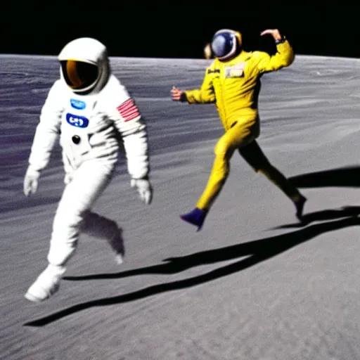 Image similar to usain bolt racing against an astronaut on the moon, kodachrome film