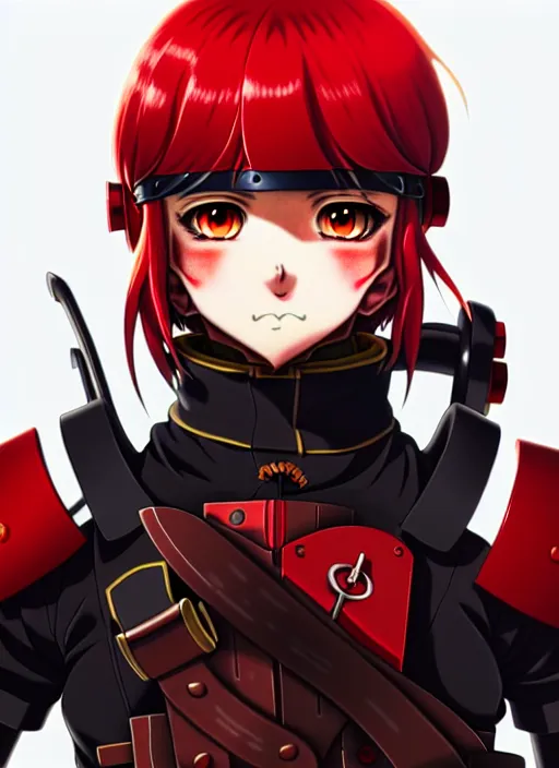 Prompt: anime portrait of a vicious helldiver scout soldier, red armor with white accents, closeup on face, ilya kuvshinov, anime, pixiv top monthly, trending on artstation, cinematic, danbooru, zerochan art, kyoto animation