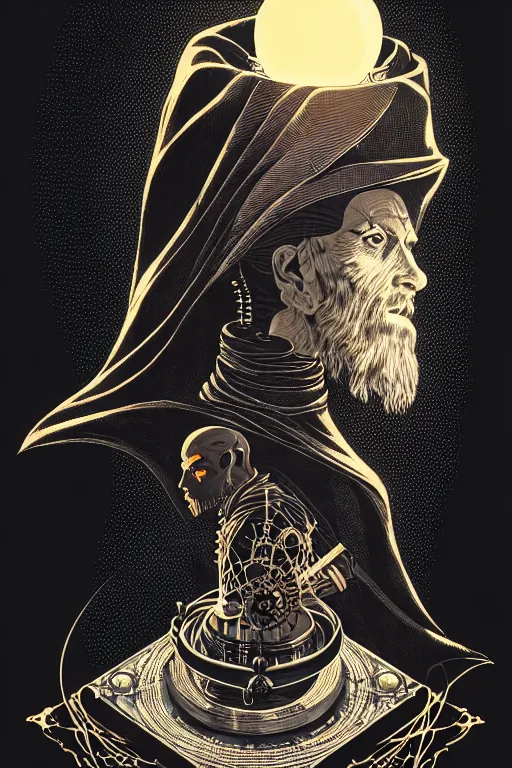 Image similar to side view of a sitting cloaked steampunk wizard holding crystal ball, high details, intricately detailed, by vincent di fate, inking, 3 color screen print, masterpiece, trending on artstation,, sharp, details, hyper - detailed, hd, 4 k, 8 k