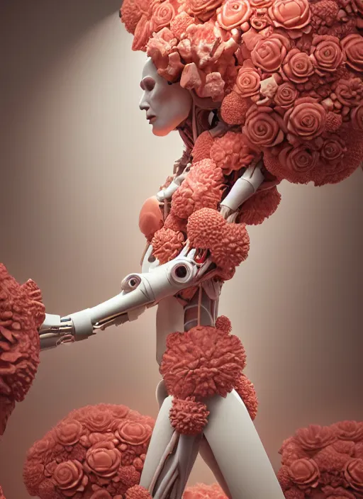 Image similar to biomechanical mannequin carrying perfume enchanted coral kingdom made of corals, daisies, roses in an ivory room well contoured smooth fair walls, up close shot, sharp focus, global illumination, radiant light, alexandre ferra white mecha, irakli nadar, octane highly render, 4 k, ultra hd,