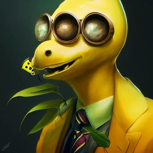 Prompt: an anthropomorphised banana in a business suit, artists portrait, fantasy, highly detailed, digital painting, concept art, sharp focus, depth of field blur, illustration, art by artgerm and greg rutkowski and alphonse mucha