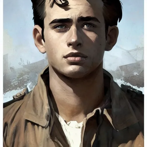 Image similar to a highly detailed epic cinematic concept art CG render digital painting artwork costume design: young James Dean as a well-kept neat anarchist rebel in 1950s USSR mechanic outfit and big boots. By Greg Rutkowski, Ilya Kuvshinov, WLOP, Stanley Artgerm Lau, Ruan Jia and Fenghua Zhong, trending on ArtStation, subtle muted cinematic colors, made in Maya, Blender and Photoshop, octane render, excellent composition, cinematic atmosphere, dynamic dramatic cinematic lighting, aesthetic, very inspirational, arthouse