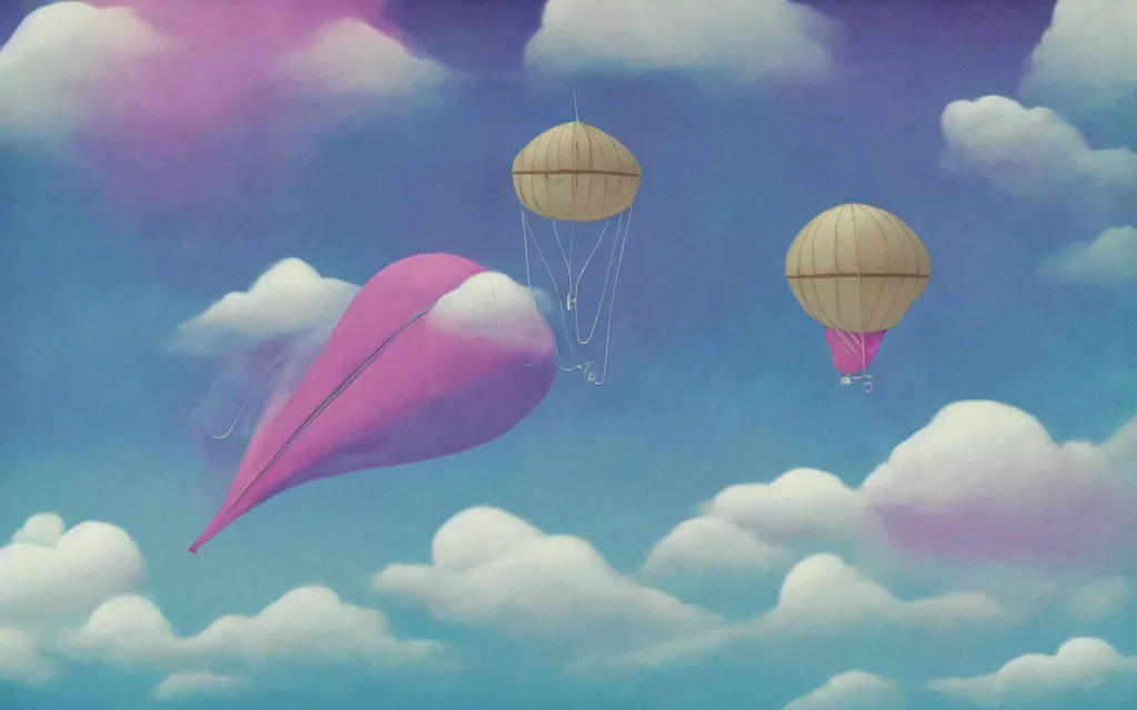 Prompt: streampunk dirigible floating between swirling clouds. pastel colors. haze.