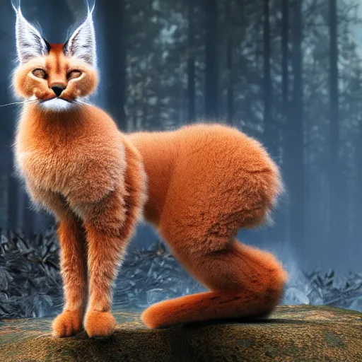 Image similar to cute fluffy caracal in surreal burning forest beautiful 4 k hyperrealistic artstation trending ray traced unreal engine detailed high resolution high detail drawn by peter michaels michaels mackentire and ronaldo swansonjohnson