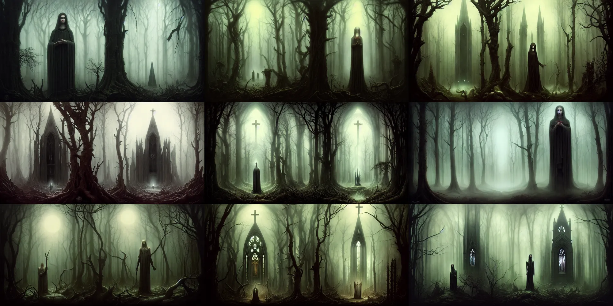 Prompt: dark ambient album cover, a cathedral in the dark woods, magic, apocalypse, occult, magic, tom bagshaw