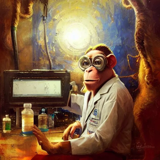 Prompt: portrait of a proud old monkey doctor working in a chemical lab, artwork by gaston bussiere, craig mullins, trending on artstation, monkey dressed as a scientist, using googles and wearing a doctor coat