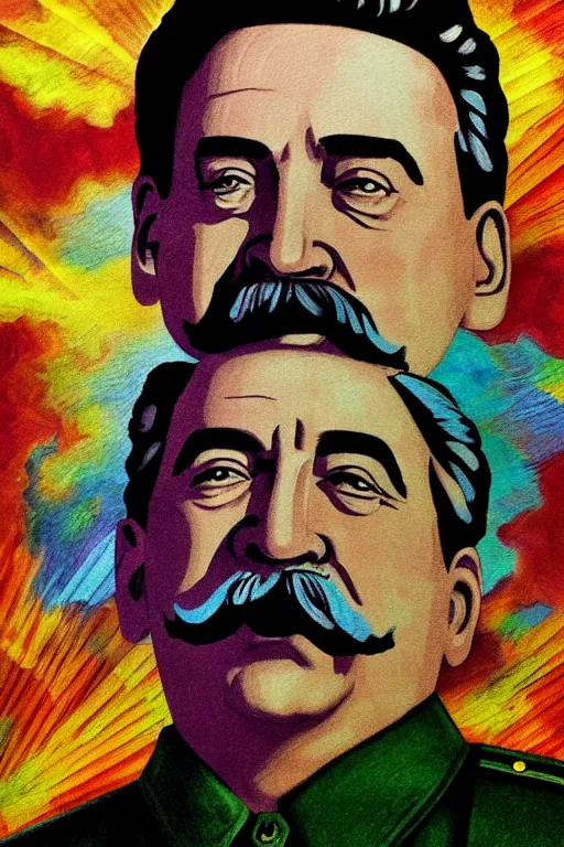 Image similar to art in heaven style, stalin in heaven, clear color art in 4 k