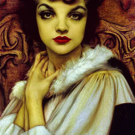 Prompt: hybrid of judy garland and lady gaga, brown fringe, large beautiful facial features, huge downslanted eyes, big cheeks, large full lips, full body medium shot, reclining bed cool stylish, yellow ochre ornate medieval dress, john william waterhouse, kilian eng, rosetti, john everett millais, william holman hunt, william morris, 4 k