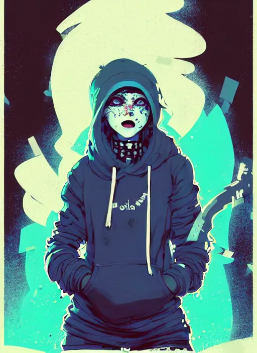 Prompt: highly detailed portrait of a sewer punk lady student, blue eyes, patchwork hoodie, white hair by atey ghailan, by greg rutkowski, by greg tocchini, by james gilleard, by joe fenton, by kaethe butcher, gradient blue, black, brown and cyan color scheme, grunge aesthetic!!! ( ( graffiti tag wall background ) )