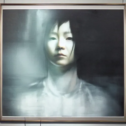 Image similar to portrait of lain iwakura connected to a room full of cables computers and displays by ruan jia and joao ruas. atmospheric