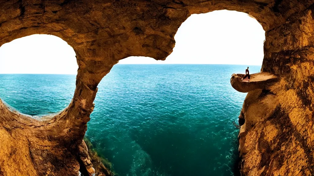 Prompt: a man cliff jumping into waters that are actually a portal to another dimension, film still from the movie directed by Denis Villeneuve with art direction by Salvador Dalí, wide lens