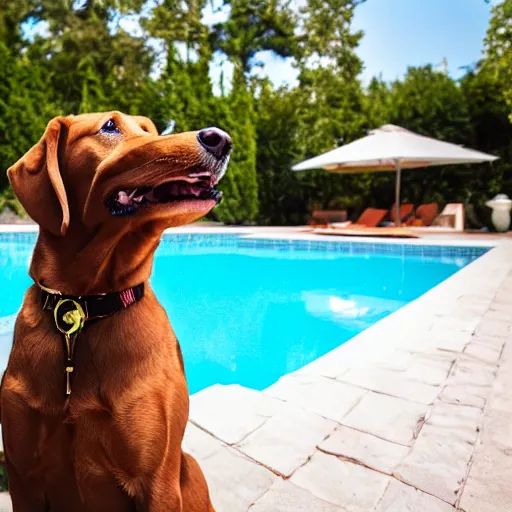 Image similar to a very detailed photo of a dog smoking a cigar outside the mansion by the pool