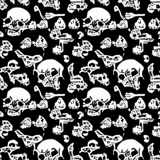 Image similar to seamless pattern showing skulls. black and white, drawing, white background, seamless, ornament.