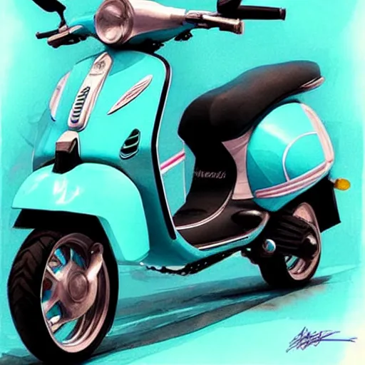 Image similar to a turquoise vespa moped, realistic, concept art, intricate details, detailed, photorealistic, pencil and watercolor, art by artgerm and greg rutkowski