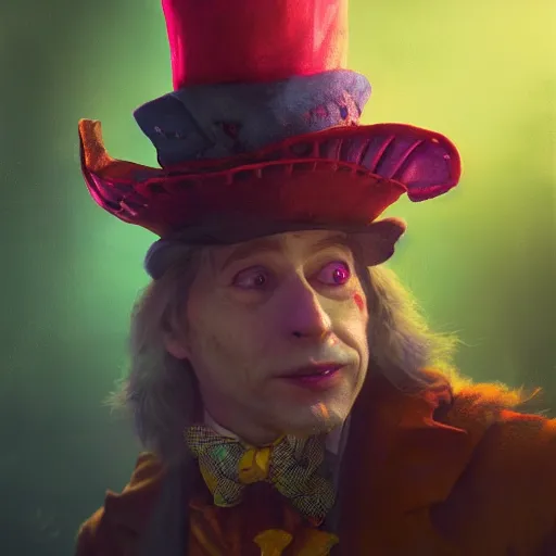 Image similar to The Mad Hatter, huggy wuggy from poppy playtime video game, fullbody, ultra high detailed, glowing lights, oil painting, Greg Rutkowski, Charlie Bowater, Beeple, unreal 5, DAZ, hyperrealistic, octane render, RPG portrait, dynamic lighting, fantasy art, beautiful face