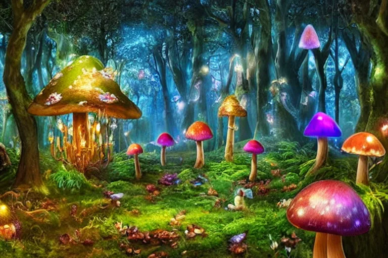 Image similar to An enchanted forest, it is nighttime, there are glowing mushrooms, there are flying fairies, fantasy-style, photorealistic.