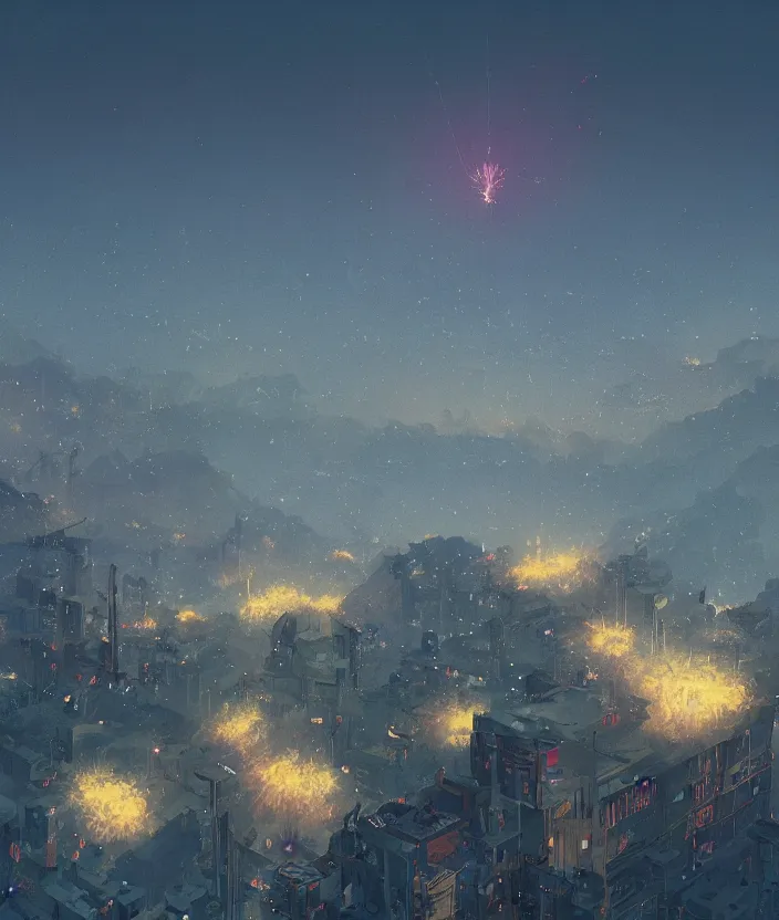 Image similar to sky of fireworks seen from high up in the sky at night by makoto shinkai, simon stalenhag, nier atutomata environment concept art, greg rutkowski and krenzcushart