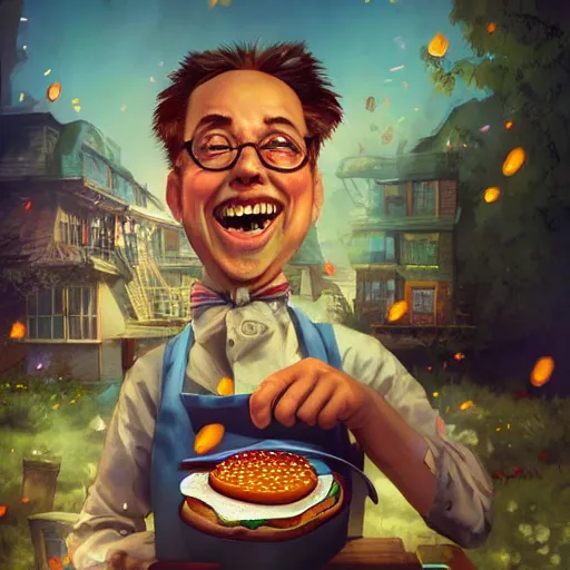 Image similar to !dream a mad scientist in his back yard laughing happily at the hamburgers which are falling from the sky , made by Stanley Artgerm Lau, WLOP, Rossdraws, ArtStation, CGSociety, concept art, cgsociety, octane render, trending on artstation, artstationHD, artstationHQ, unreal engine, 4k, 8k,