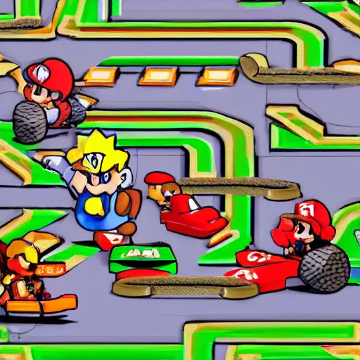 Image similar to super mario kart in the cyberpunk style; featuring the track Mario Circuit 3 with peach, bowser and yoshi driving karts on the shiny road