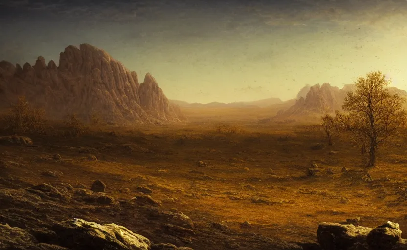 Image similar to barren wasteland in a field, some trees, close up shot, rocky, at dusk, distant mountains, 4k, rule of thirds, extreme detail, hazy, intricate ink illustration, surreal, surrealist, trending on artstation, cgsociety, hd, calm, complimentary colours, realistic lighting, by Albert Bierstadt, Frederic Edwin Church.