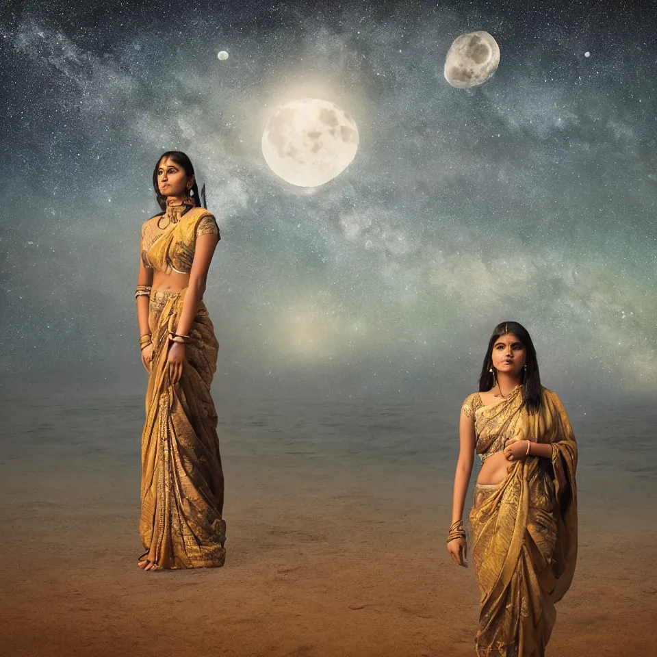 Image similar to young indian woman standing by the ocean at night with the moon above and the galaxy visible, masterful intricate artwork, high detail 8 k