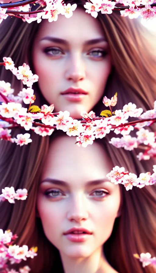 Image similar to photo of a gorgeous young european female in the style of stefan kostic, realistic, half body shot, sharp focus, 8 k high definition, insanely detailed, intricate, elegant, art by stanley lau and artgerm, extreme blur cherry blossoms background