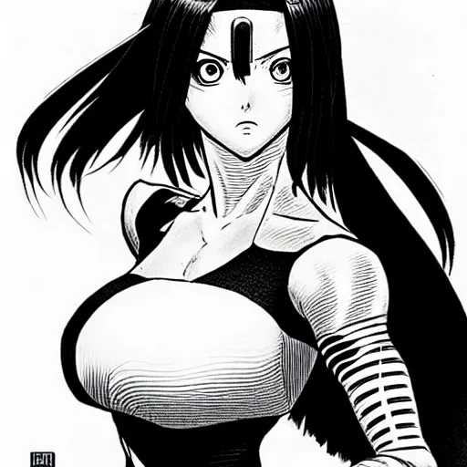 Image similar to alita by yukito kishiro. medium shot. black and white manga. pencil drawing. high detailed face