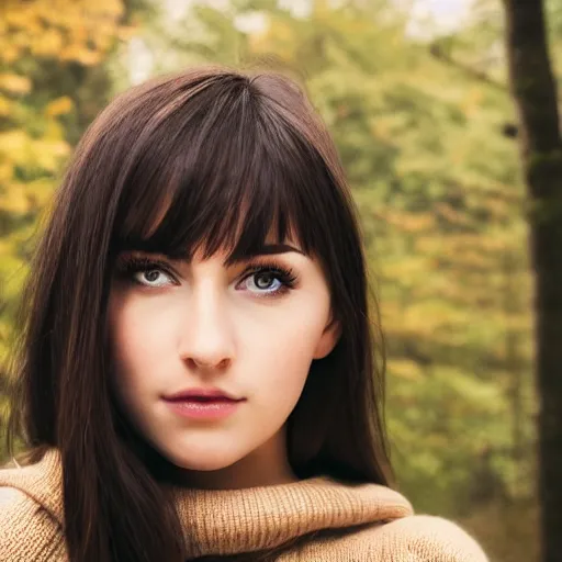 Image similar to real life photo of a beautiful girl, full body photoshoot, long black hair, brown eyes, full round face, short smile, brown sweater, forest setting, cinematic lightning, medium shot, mid - shot, highly detailed, trending on artstation, unreal engine 4 k, 8 0 mm, 8 5 mm, cinematic wallpaper