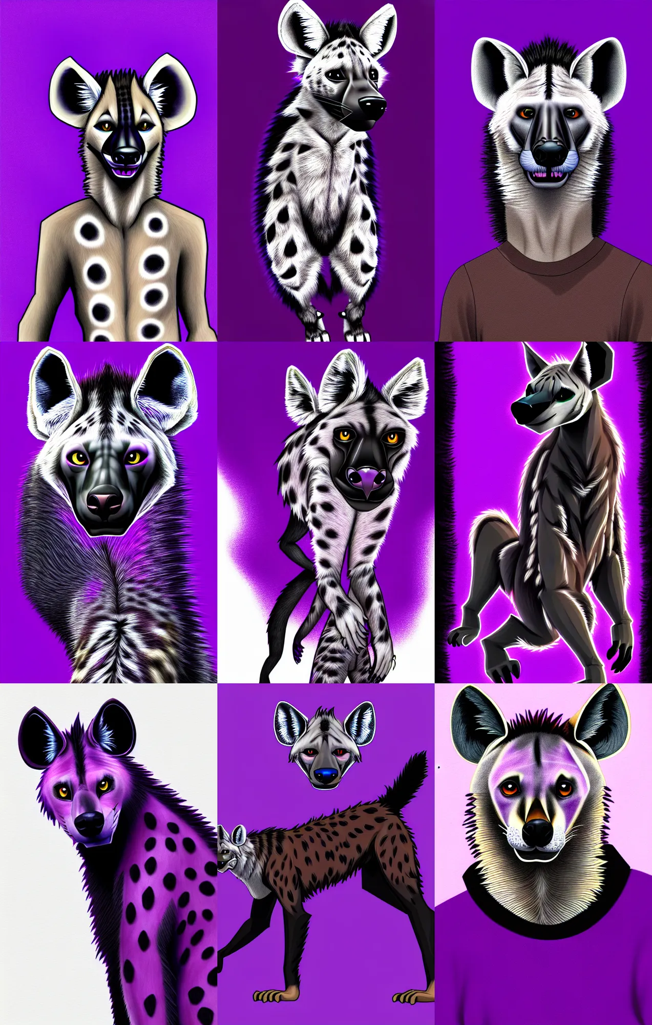 Prompt: a full - body centered front - perspective furry portrait, a male hyena fursona, purple and black color scheme, trending on weasyl, high - resolution, photorealistic