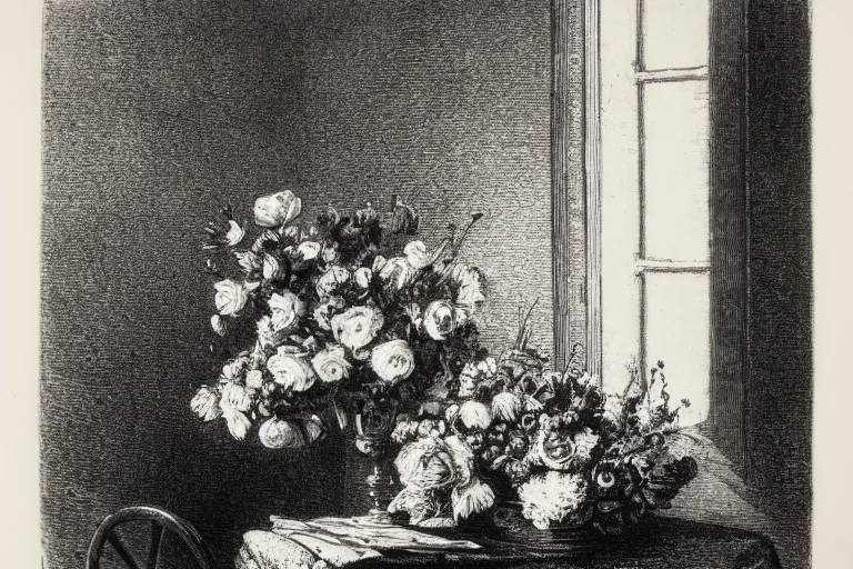 Image similar to black and white, flower bouquet at table in the dinner room, soft light, Gustave Dore lithography