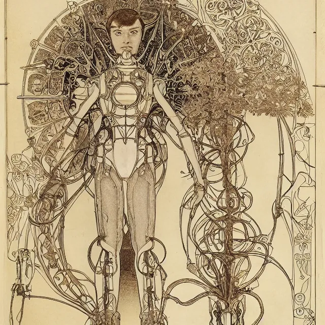 Prompt: beautiful, symmetric, art nouveau, detailed, intricate technical drawings on parchment from 1 8 4 0 with extensive written labels and covered in scribbled pencil notes in open space, for a humanoid drawing robot, by ron cobb and alphonse mucha