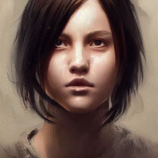 Image similar to portrait of a girl by greg rutkowski, she is about 2 0 years old, mixture between russian and japanese, prettt, black bob hair with two strands around her face, wearing a tank top and a oversized jumper overall, highly detailed portrait, digital painting, artstation, concept art, smooth, sharp foccus ilustration, artstation hq