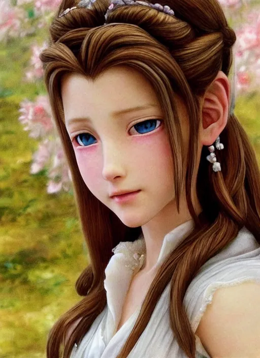 Image similar to elegant Aerith Gainsborough stares intently at the viewer in an intense way. ultra detailed painting at 16K resolution and epic visuals. epically surreally beautiful image. amazing effect, image looks crazily crisp as far as it's visual fidelity goes, absolutely outstanding. vivid clarity. ultra. iridescent. mind-breaking. mega-beautiful pencil shadowing. beautiful face. Ultra High Definition. processed twice.