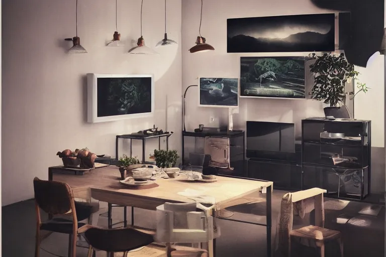 Prompt: IKEA catalogue photo of a high end farmhouse kitchen, vaporwave, screens, TVs, monitors, by Beksiński
