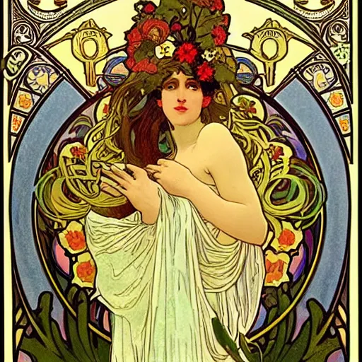 Image similar to persephone as goddess of the underworld and flowers, painted by alphonse mucha