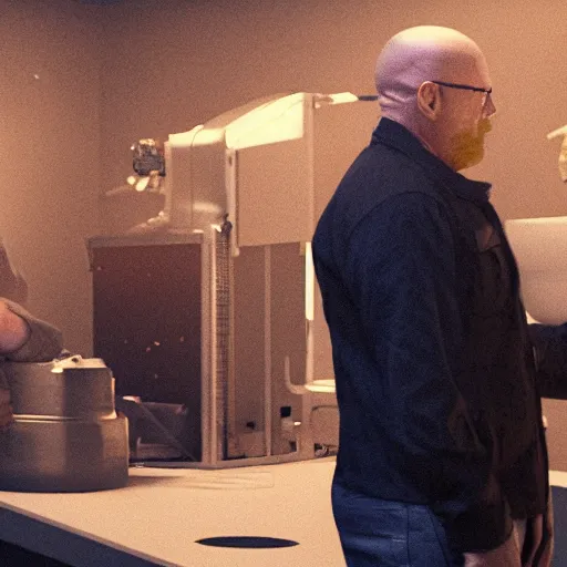 Prompt: Elon musk and Walter white making methamphetamine. 8k ultra realistic, award winning, unreal engine 5, masterpiece, atmosphere glow, hyperrealistic, focused, extreme details, cinematic