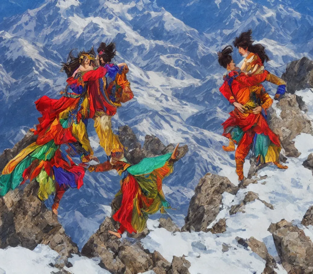 Prompt: acharuli pair dancing on a summit in Caucasus, dynamic concept art, vivid color hues.