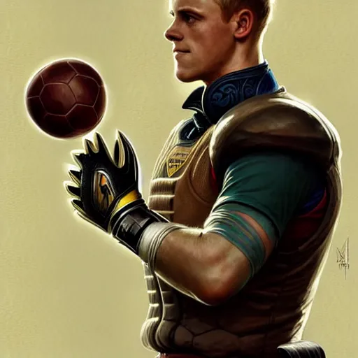 Prompt: Ter Stegen holding a bomb, goalkeeper, football pitch, D&D, fantasy, intricate, elegant, highly detailed, digital painting, artstation, concept art, matte, sharp focus, illustration, art by Artgerm and Greg Rutkowski and Alphonse Mucha