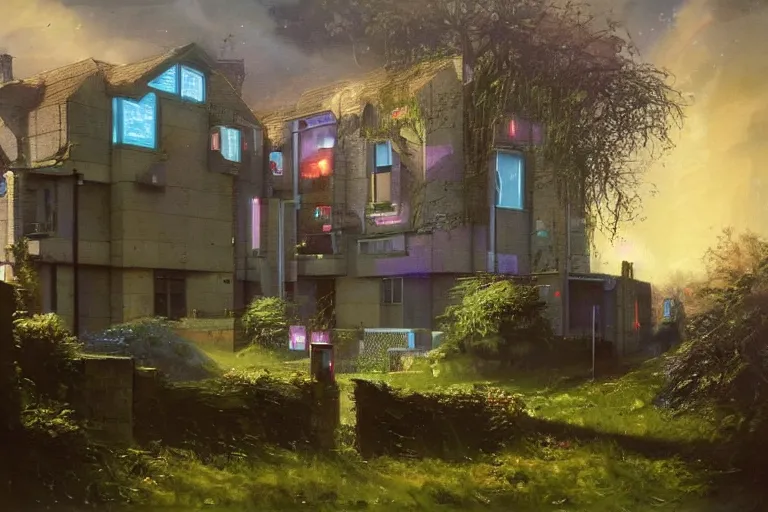 Image similar to cyberpunk, an estate agent listing photo, external view of a 5 bedroom detached countryside house in the UK, by Paul Lehr