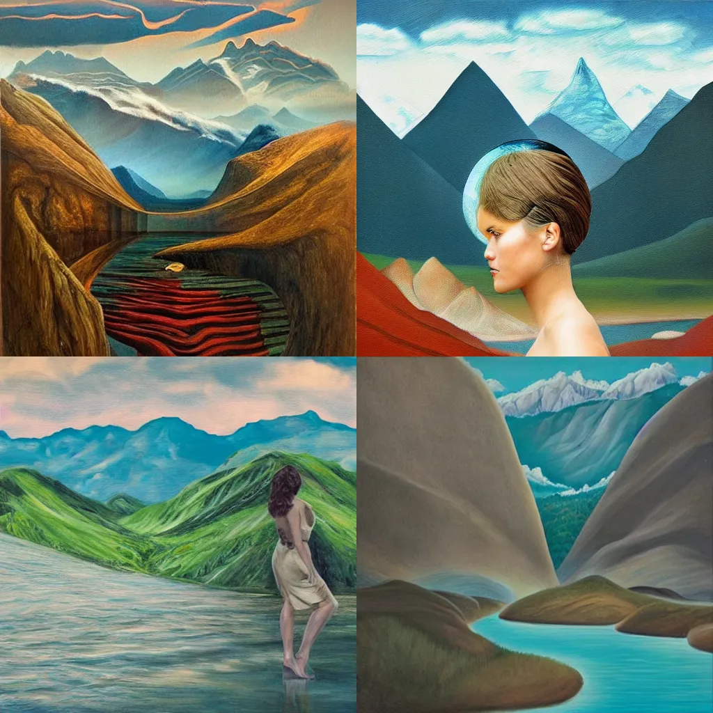 Prompt: woman becomes the landscape, the mountains and the river takes her form, high quality surrealist art”