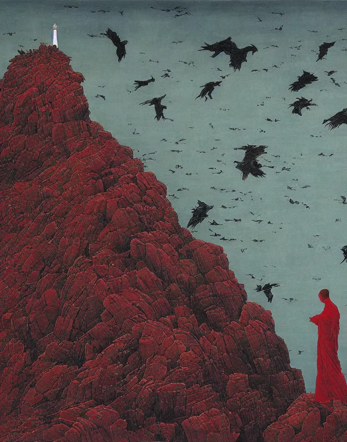 Image similar to worshippers in red robes belonging to the cult of the lighthouse climbing up the rocky cliff where the lighthouse stands, lighthouse, ravens, high detailed beksinski painting, part by adrian ghenie and gerhard richter. art by takato yamamoto. masterpiece, deep colours, blue