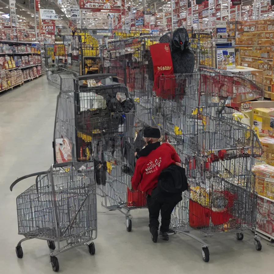 Prompt: mothman pushing a cart in costco, high definition, national geographic, award winning, nature photo, 8k