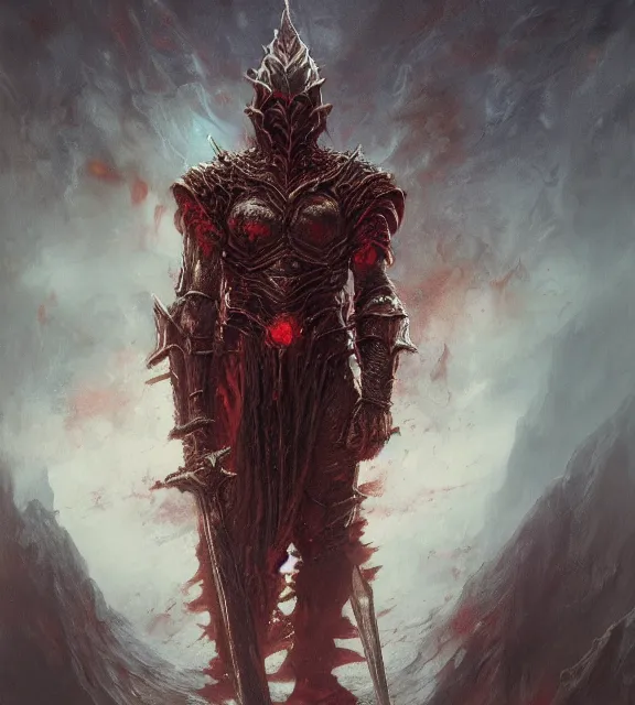 Image similar to fire swordman in hellish armor concept, beksinski, age of sigma art, frank franzetta, ruan jia, dark soul armor concept, trending on artstation, wayne barlowe, adrian smith fantasy art, elden ring art, the hobbit art, lord of the ring art, infinity blade armor