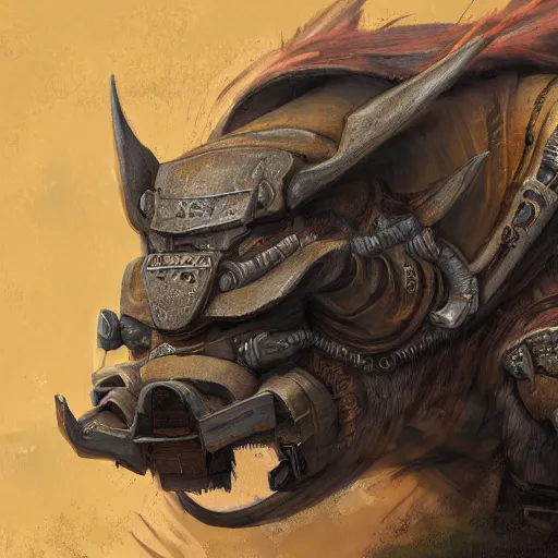 Prompt: portrait concept painting of a rampaging ashigaru mecha boar, warthog. fantasy painting, dungeons and dragons, magic the gathering art, of bamboo, laquer and steel, steampunk - inspired by brian froud and greg rutkowski and jessica rossier