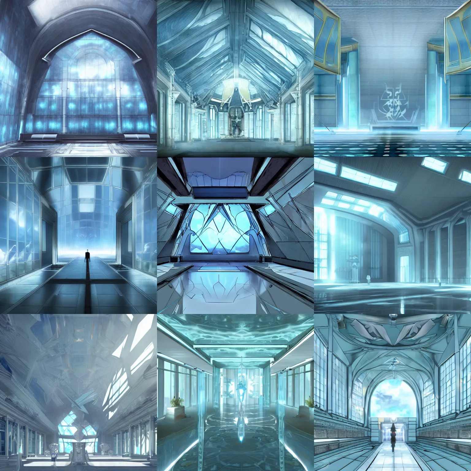 Prompt: the narthex, final fantasy xiii, light blue reflective shiny walls, clouds outside the windows, futuristic