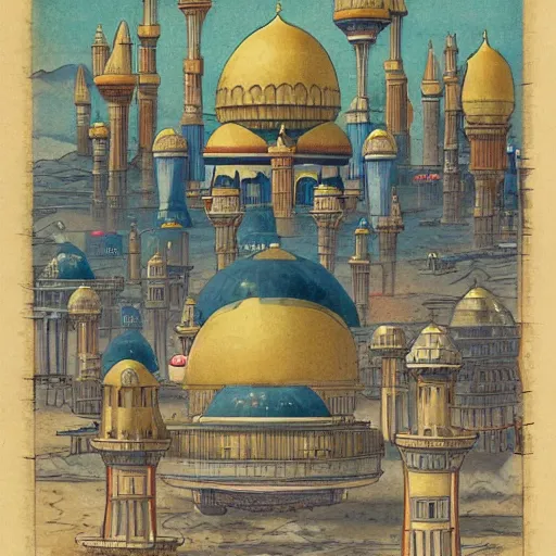 Prompt: ottoman sultanate, martian space base, minarets, studio ghibli, retrofuturism