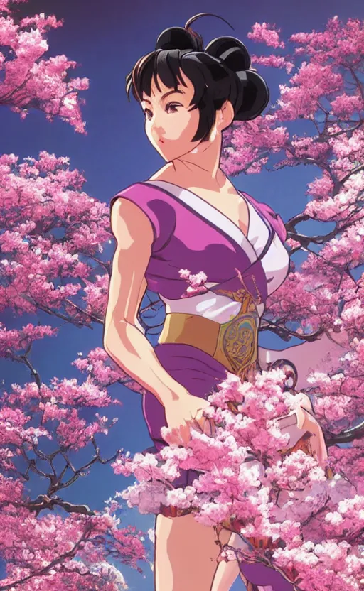 Image similar to an ultrawide photo of chun li standing in front of sakura trees, studio ghibli concept art, detailed, beautiful face, beautiful eyes, beautiful lighting, hdr, 4 k