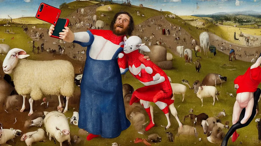 Prompt: A butcher and sheep wearing a spiderman costume taking a selfie smiling, in the fashion of Hieronymus Bosch, oil on canvas, painting, 4k, wide shot