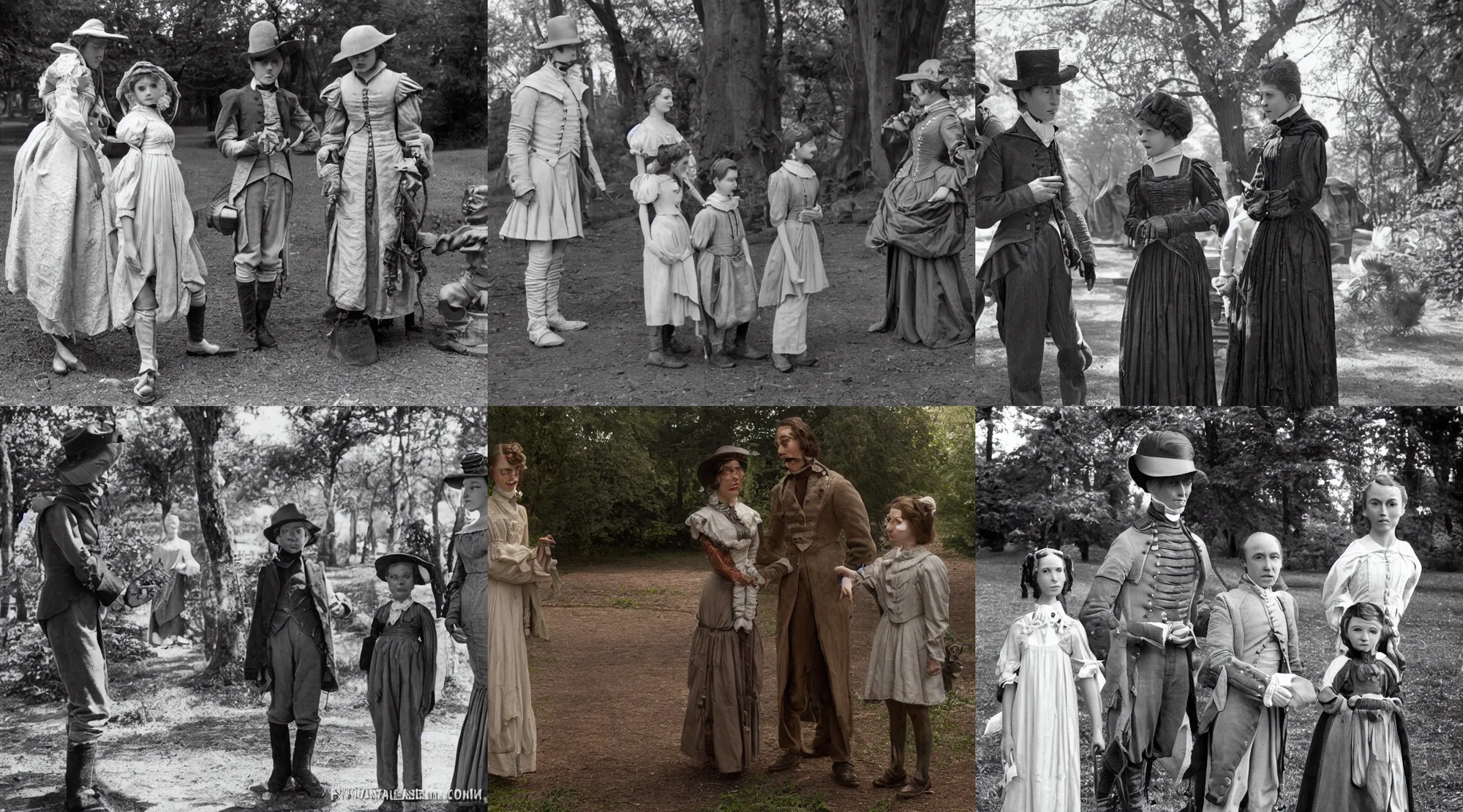 Prompt: detailed, sharp, a boy and a girl, meeting the alien king, wearing 1850s era clothes, in a park on an alien planet, extremely highly detailed, hyperrealistic, highly detailed faces, 70 mm film still from a period sci fi movie, 4k