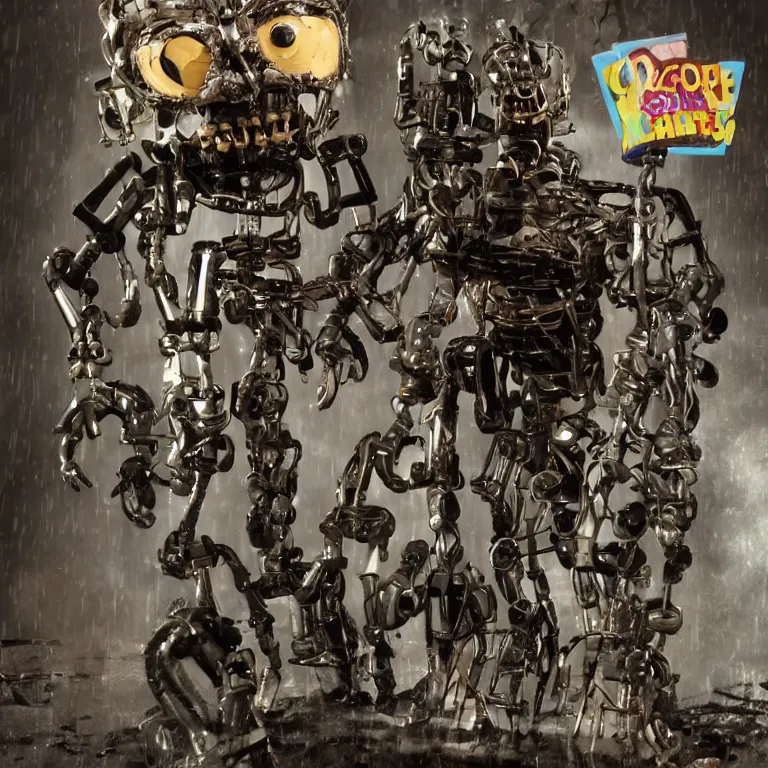 Image similar to designed by scott cawthon and chuck e cheese stylized endoskeleton for an animatronic that has been damaged and decayed, rain, dense fog, alleyway, volumetric lighting, f 8 aperture, cinematic eastman 5 3 8 4 film